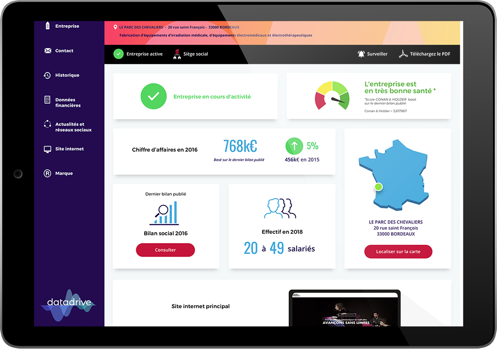 Capture écran interface - Gagnez du temps en retrouvant toutes les informations d'une entreprise dans une même interface.